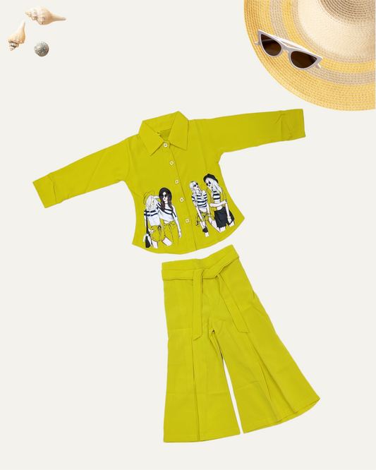 GIRLS 2PC PRINTED PANT CO-ORD SET (MUSTARD YELLOW) (4-12 YEARS) - Girlism
