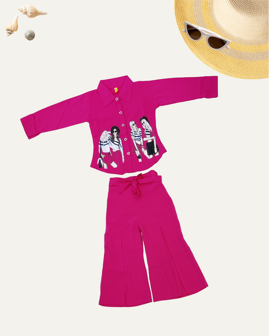 GIRLS 2PC PRINTED PANT CO-ORD SET (HOT PINK) (4-12 YEARS) - Girlism