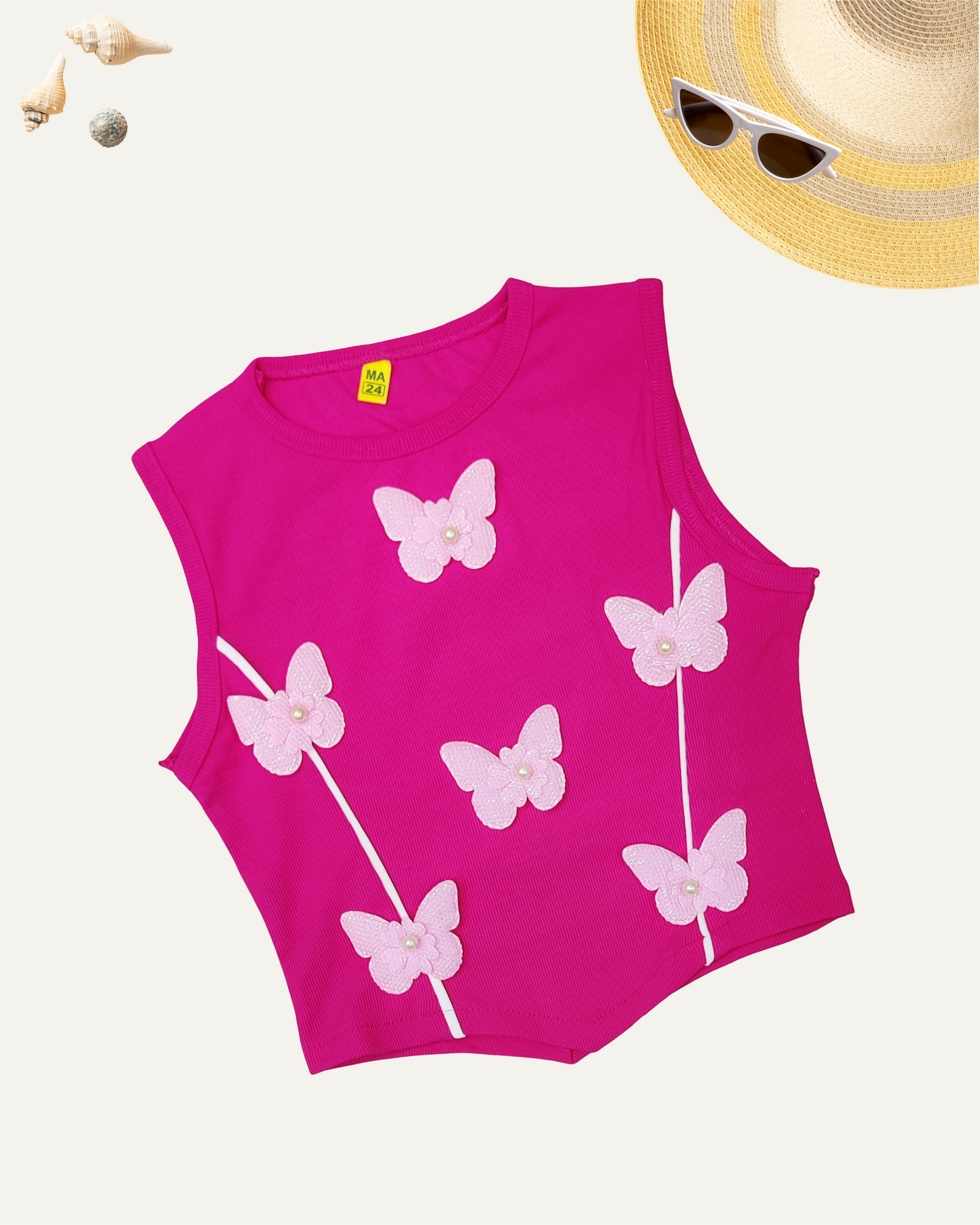 GIRLS HOT PINK BUTTERFLY TOP (4-12 YEARS) - Girlism