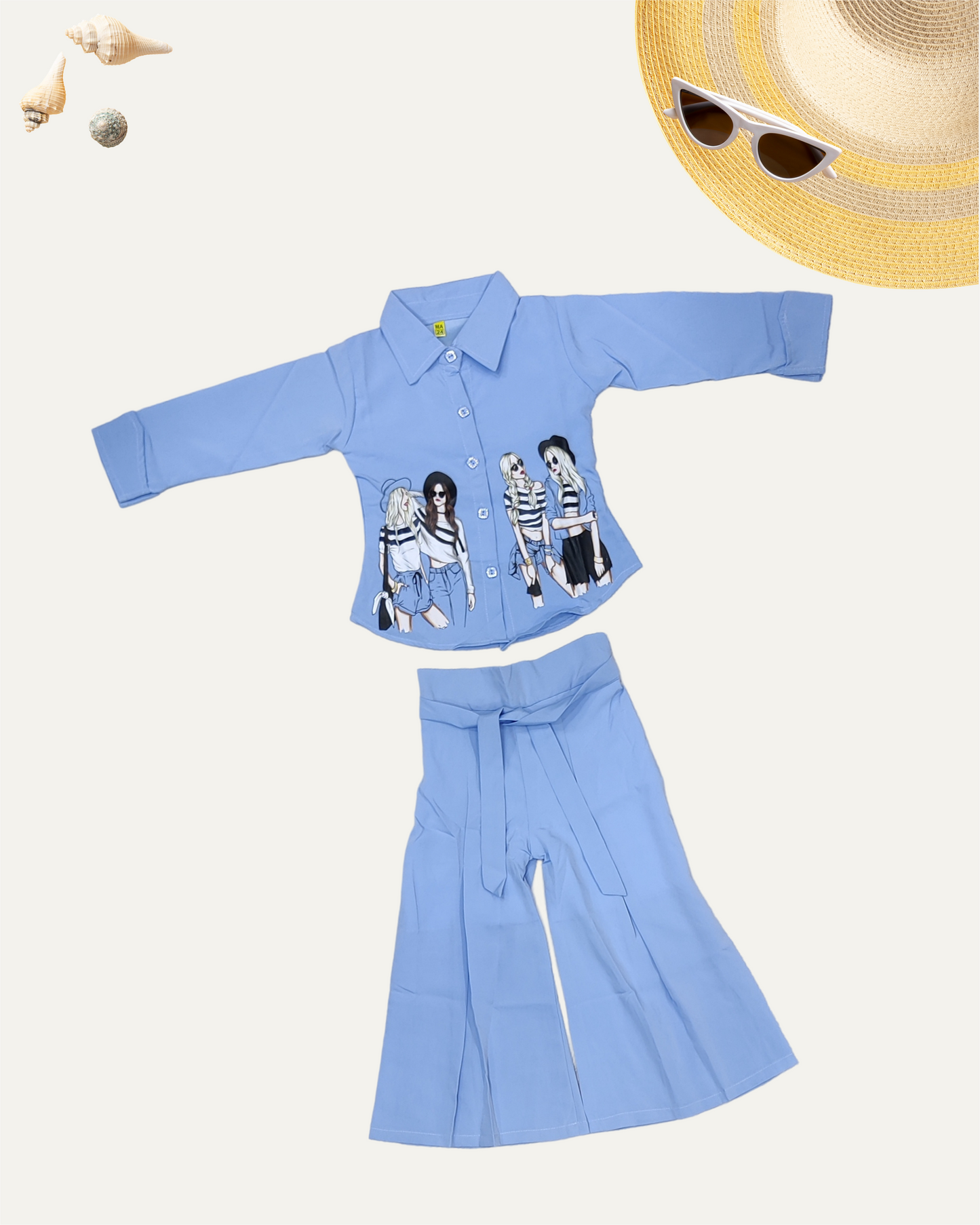 GIRLS 2PC PRINTED PANT CO-ORD SET (SKY BLUE) (4-12 YEARS) - Girlism