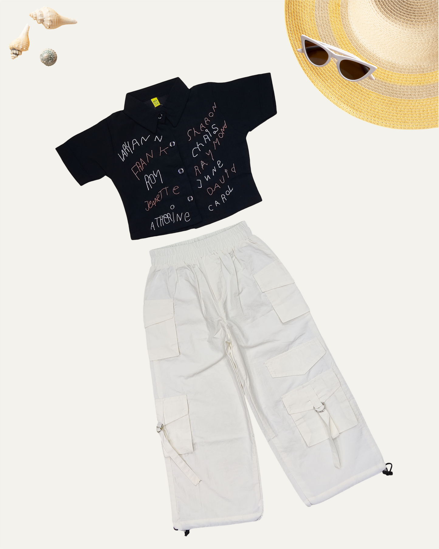 GIRLS GRAPHIC BLACK SHIRT & WHITE CARGO PANTS CO-ORD SET (4-12 YEARS)