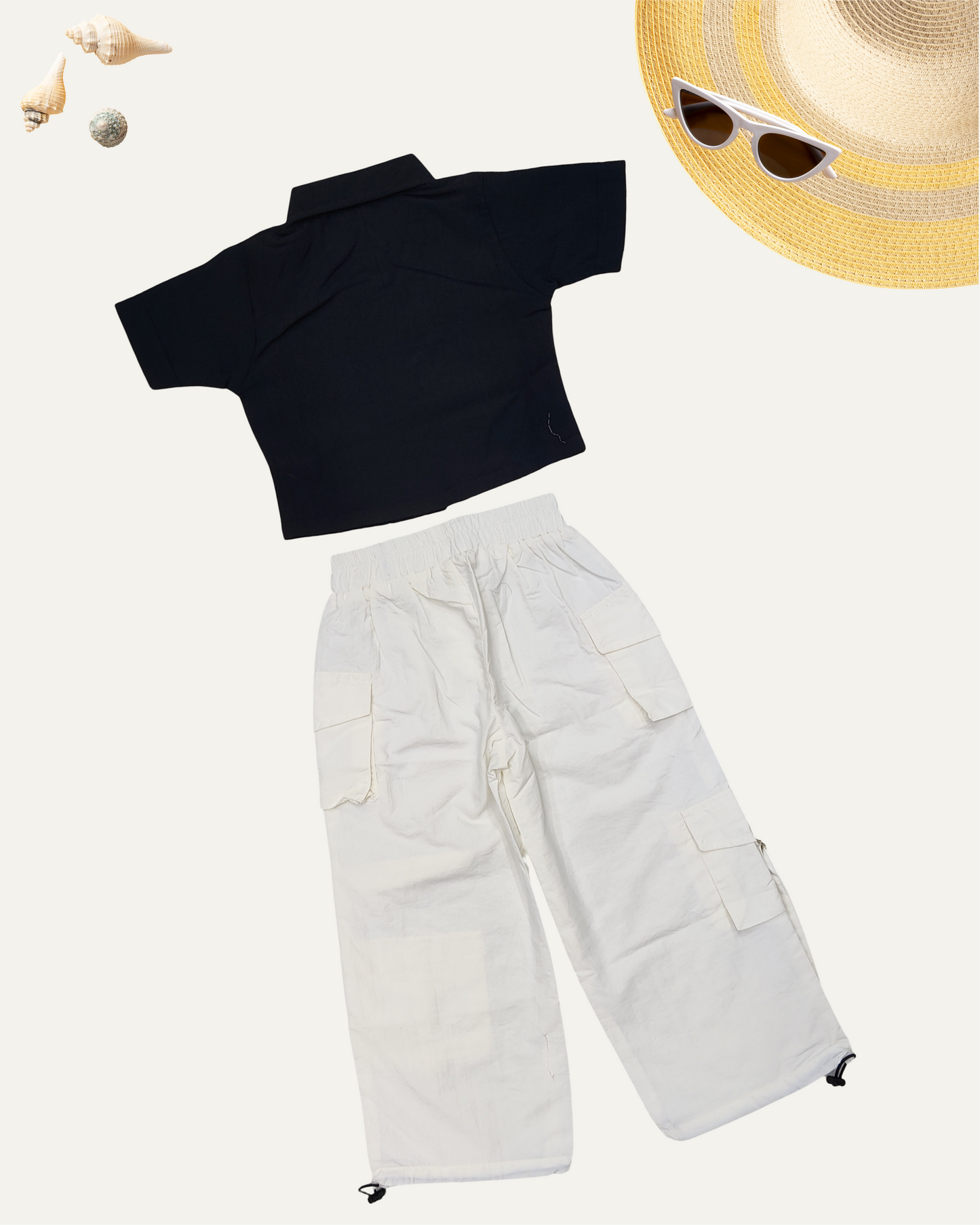 GIRLS GRAPHIC BLACK SHIRT & WHITE CARGO PANTS CO-ORD SET (4-12 YEARS)