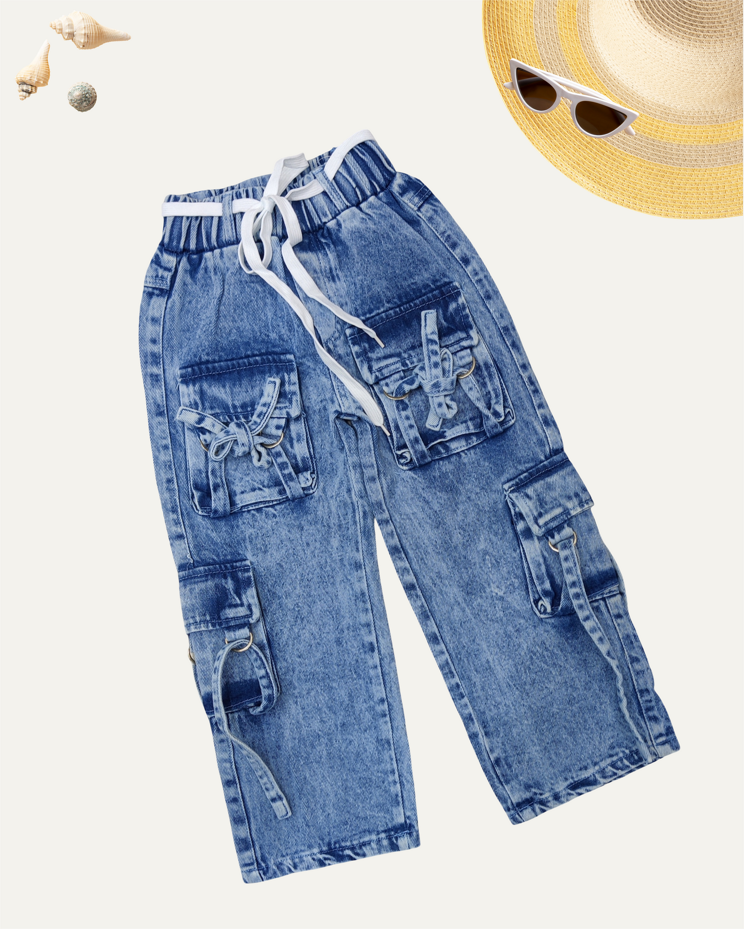 GIRLS BLUE ACID-WASH DENIM CARGO (4-12 YEARS)