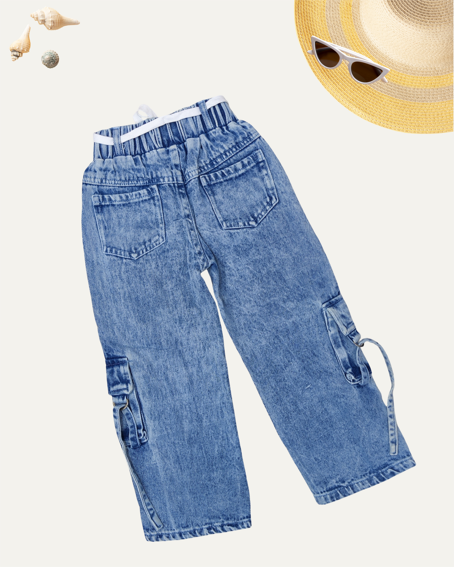 GIRLS BLUE ACID-WASH DENIM CARGO (4-12 YEARS)