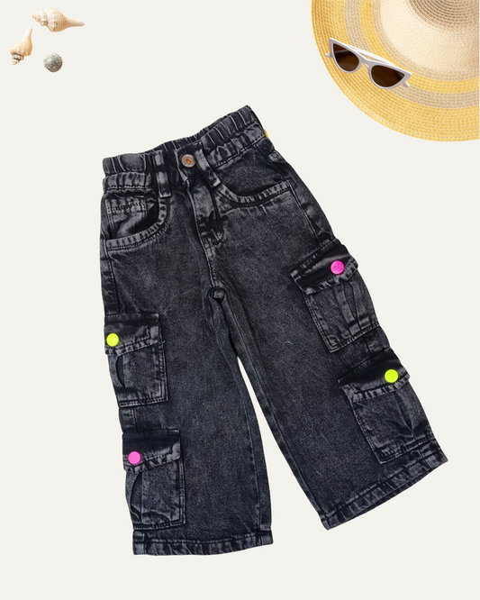 GIRLS CHARCOAL CARGO JEANS (1-12 YEARS)