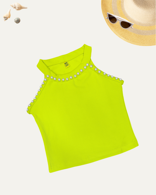 GIRLS SLEEVELESS PEARL TOP (NEON GREEN) (3-11 YEARS)