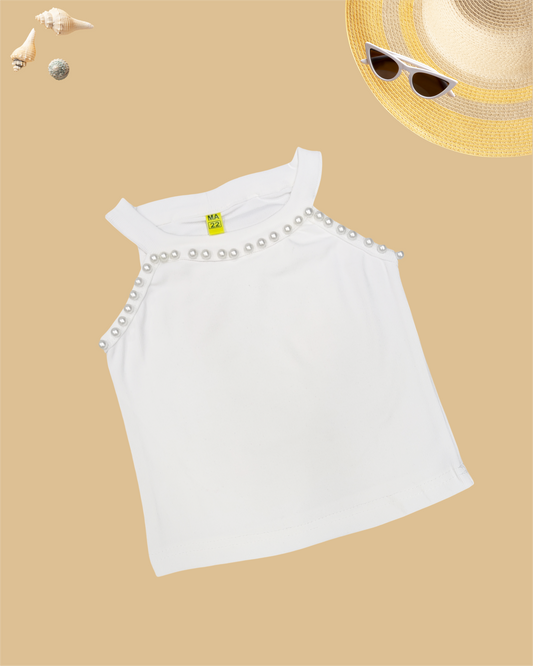 GIRLS SLEEVELESS PEARL TOP (WHITE) (3-11 YEARS)