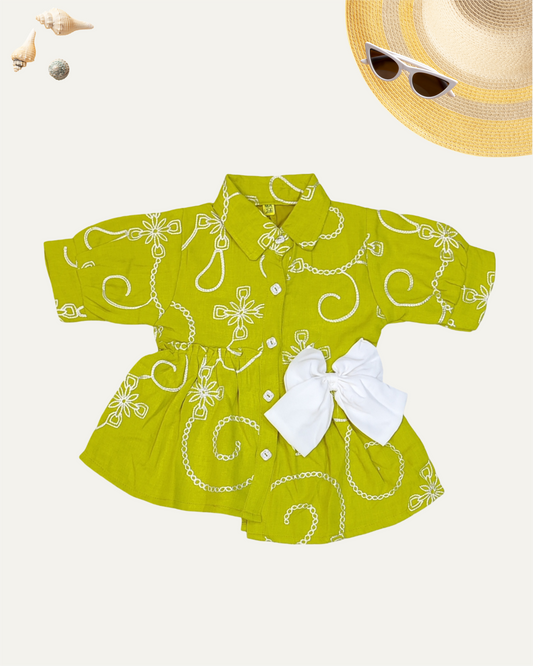 GIRLS PRINTED FRONT BUTTON BOW TOP (LIME GREEN) (4-12 YEARS)