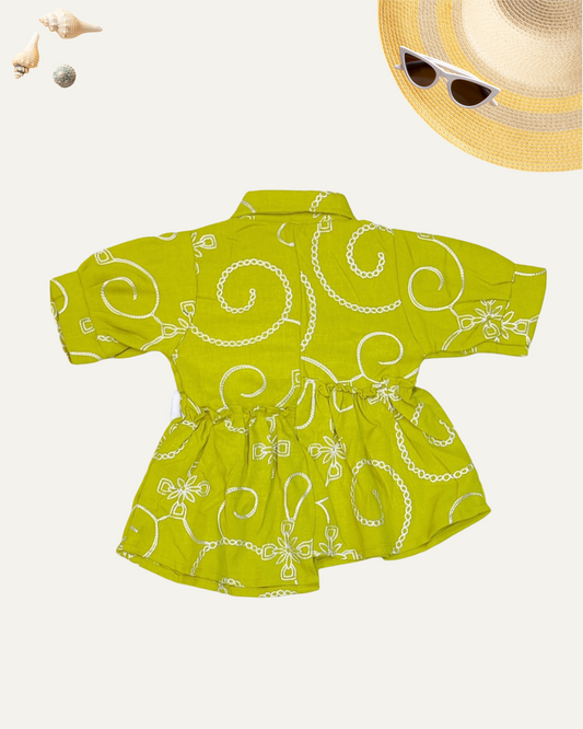 GIRLS PRINTED FRONT BUTTON BOW TOP (LIME GREEN) (4-12 YEARS)
