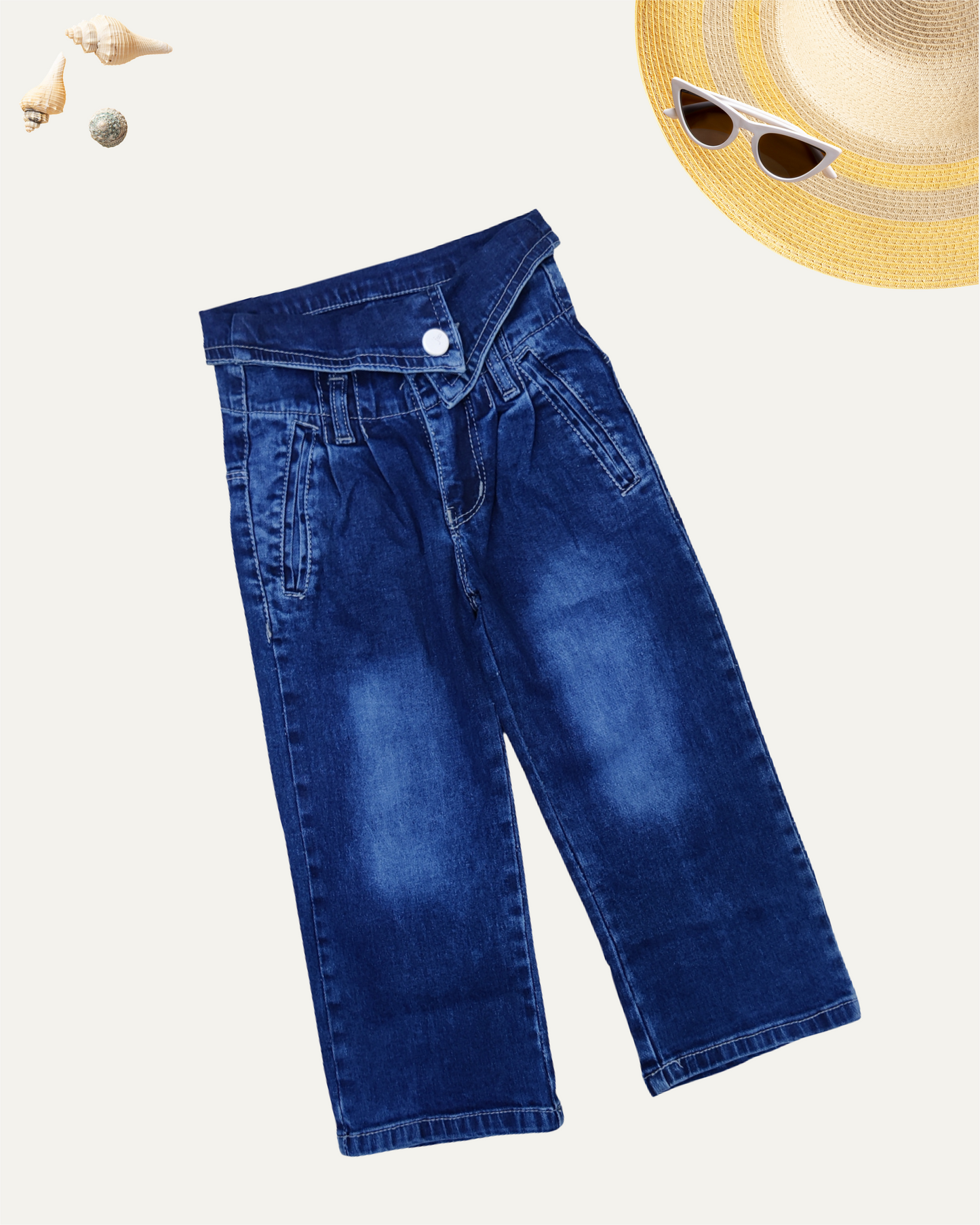 GIRLS UNIQUE HIGH WAISTED BLUE DENIM PANTS (3-14 YEARS)
