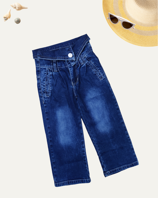 GIRLS UNIQUE HIGH WAISTED BLUE DENIM PANTS (3-14 YEARS)