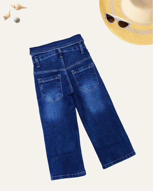 GIRLS UNIQUE HIGH WAISTED BLUE DENIM PANTS (3-14 YEARS)