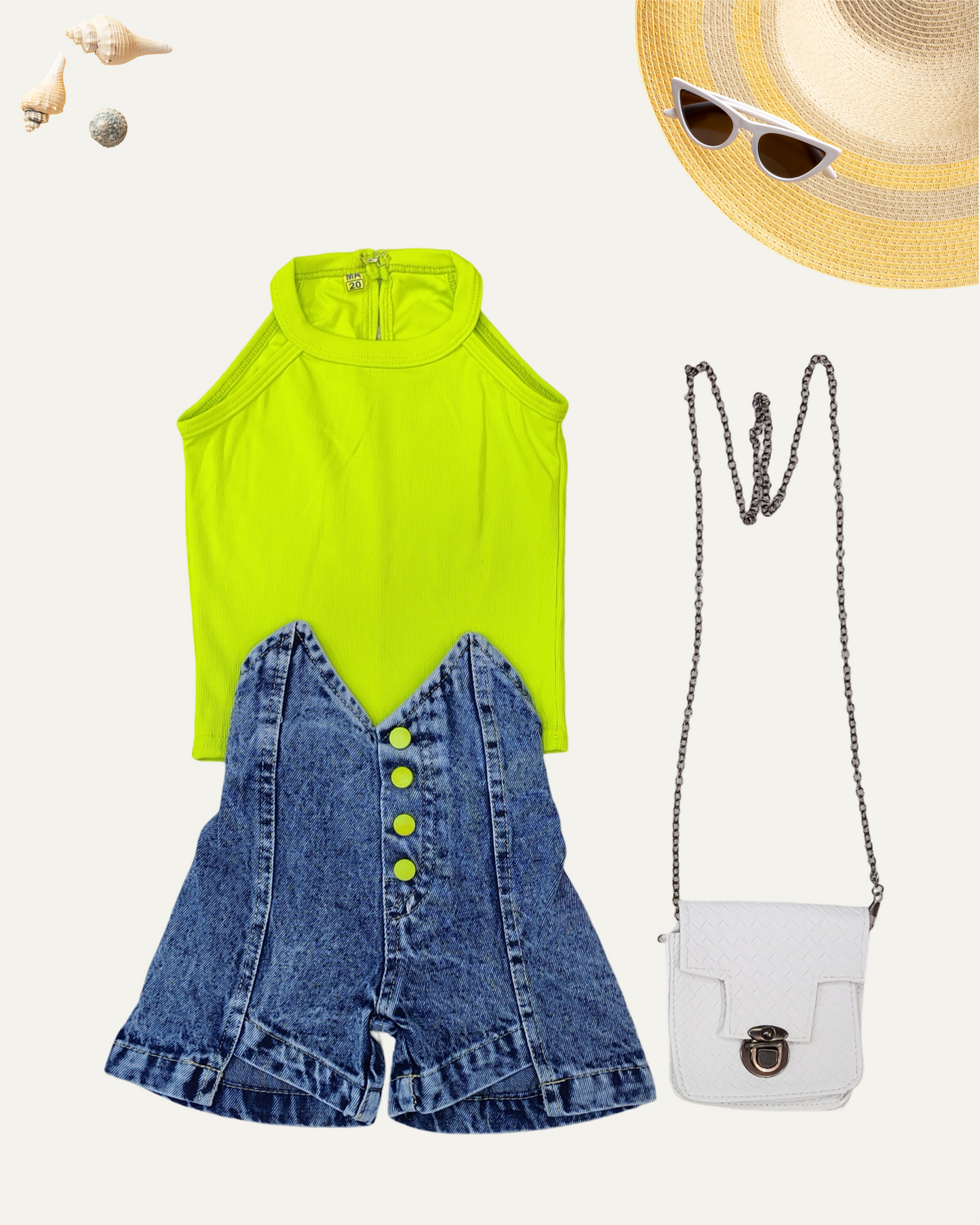 GIRLS SUMMER CO-ORD SET NEON GREEN WITH SLING BAG [ 2 - 8 YEARS ]