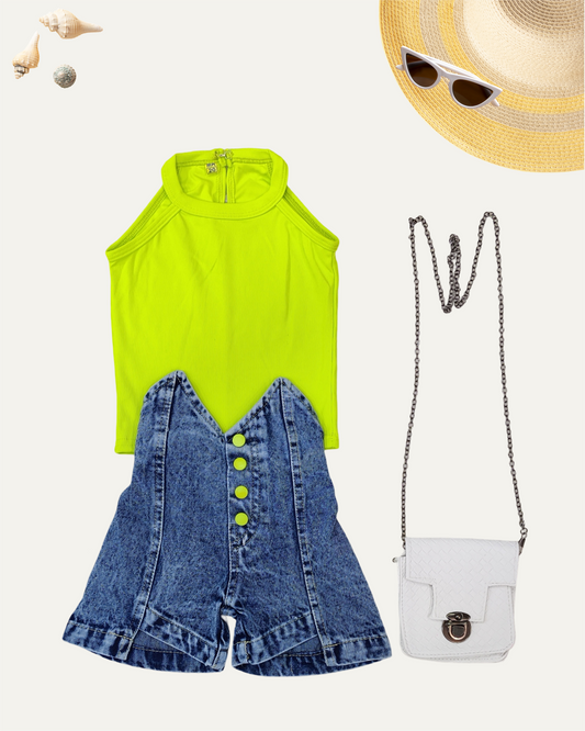 GIRLS SUMMER CO-ORD SET NEON GREEN WITH SLING BAG [ 2 - 8 YEARS ]