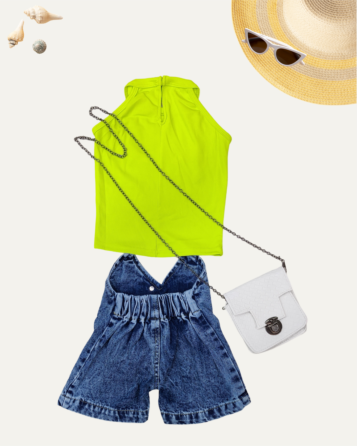 GIRLS SUMMER CO-ORD SET NEON GREEN WITH SLING BAG [ 2 - 8 YEARS ]
