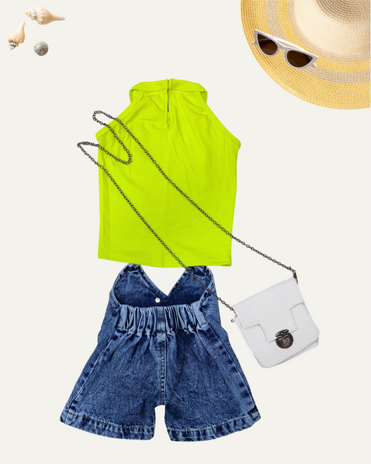 GIRLS SUMMER CO-ORD SET NEON GREEN WITH SLING BAG [ 2 - 8 YEARS ]