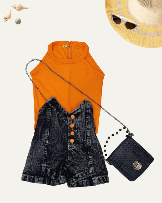 GIRLS SUMMER COORD SETS NEON ORANGE WITH SLING BAG [ 2-8 YEARS ]