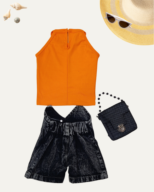 GIRLS SUMMER COORD SETS NEON ORANGE WITH SLING BAG [ 2-8 YEARS ]