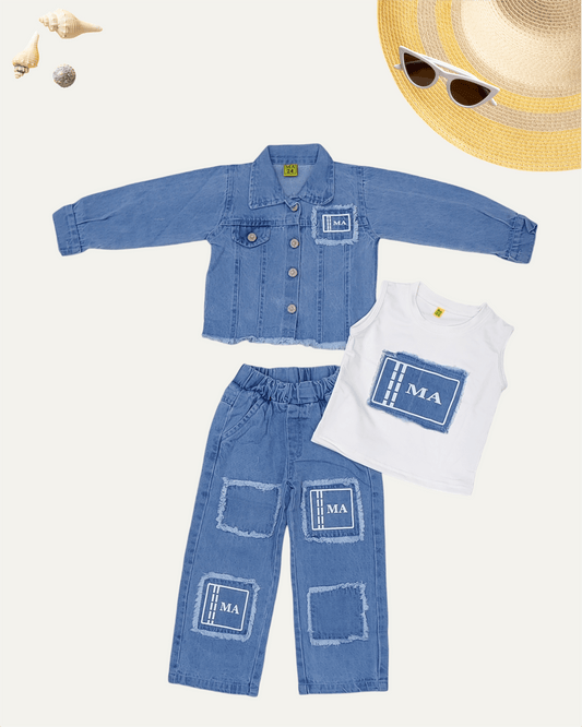 GIRLS 3PC JACKET DENIM CO-ORD SET (STONE WASH) (1-12 YEARS) - Girlism
