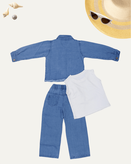 GIRLS 3PC JACKET DENIM CO-ORD SET (STONE WASH) (1-12 YEARS) - Girlism