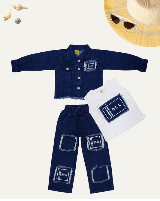 GIRLS 3PC JACKET DENIM CO-ORD SET (NAVY WASH) (1-12 YEARS) - Girlism