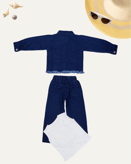 GIRLS 3PC JACKET DENIM CO-ORD SET (NAVY WASH) (1-12 YEARS) - Girlism
