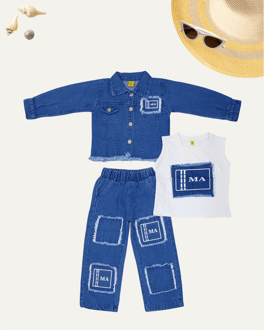 GIRLS 3PC JACKET DENIM CO-ORD SET (DX WASH) (1-12 YEARS) - Girlism