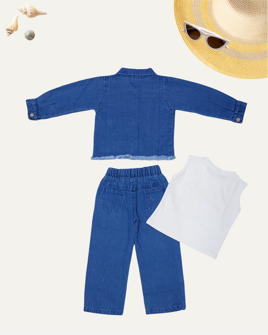 GIRLS 3PC JACKET DENIM CO-ORD SET (DX WASH) (1-12 YEARS) - Girlism