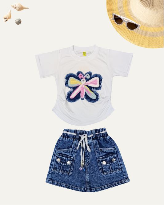GIRLS CO-ORD SET WITH DENIM SKIRT ICE BLUE [ 1 - 12 YEARS ]