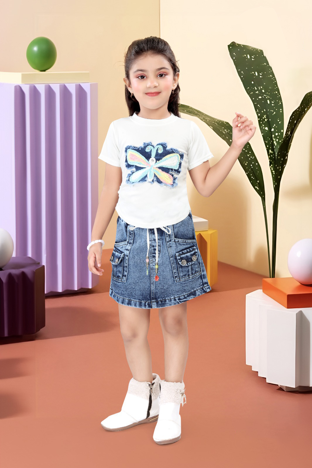 GIRLS CO-ORD SET WITH DENIM SKIRT ICE BLUE [ 1 - 12 YEARS ]