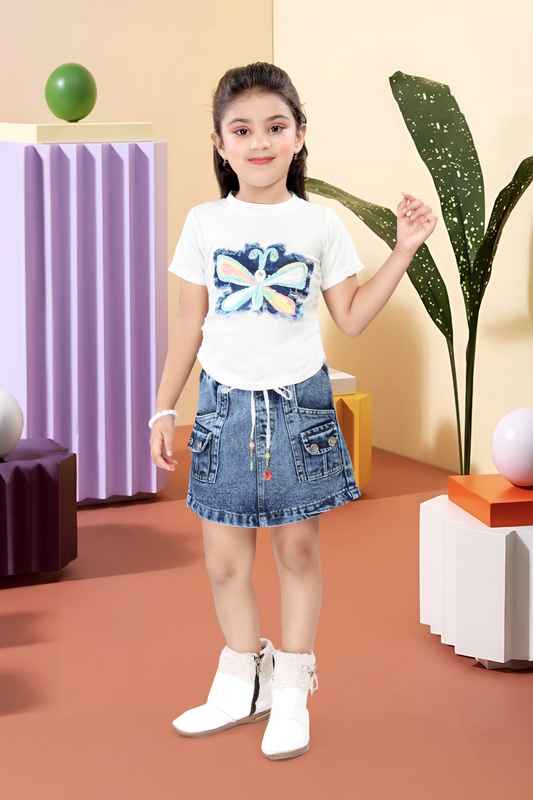 GIRLS CO-ORD SET WITH DENIM SKIRT ICE BLUE [ 1 - 12 YEARS ]