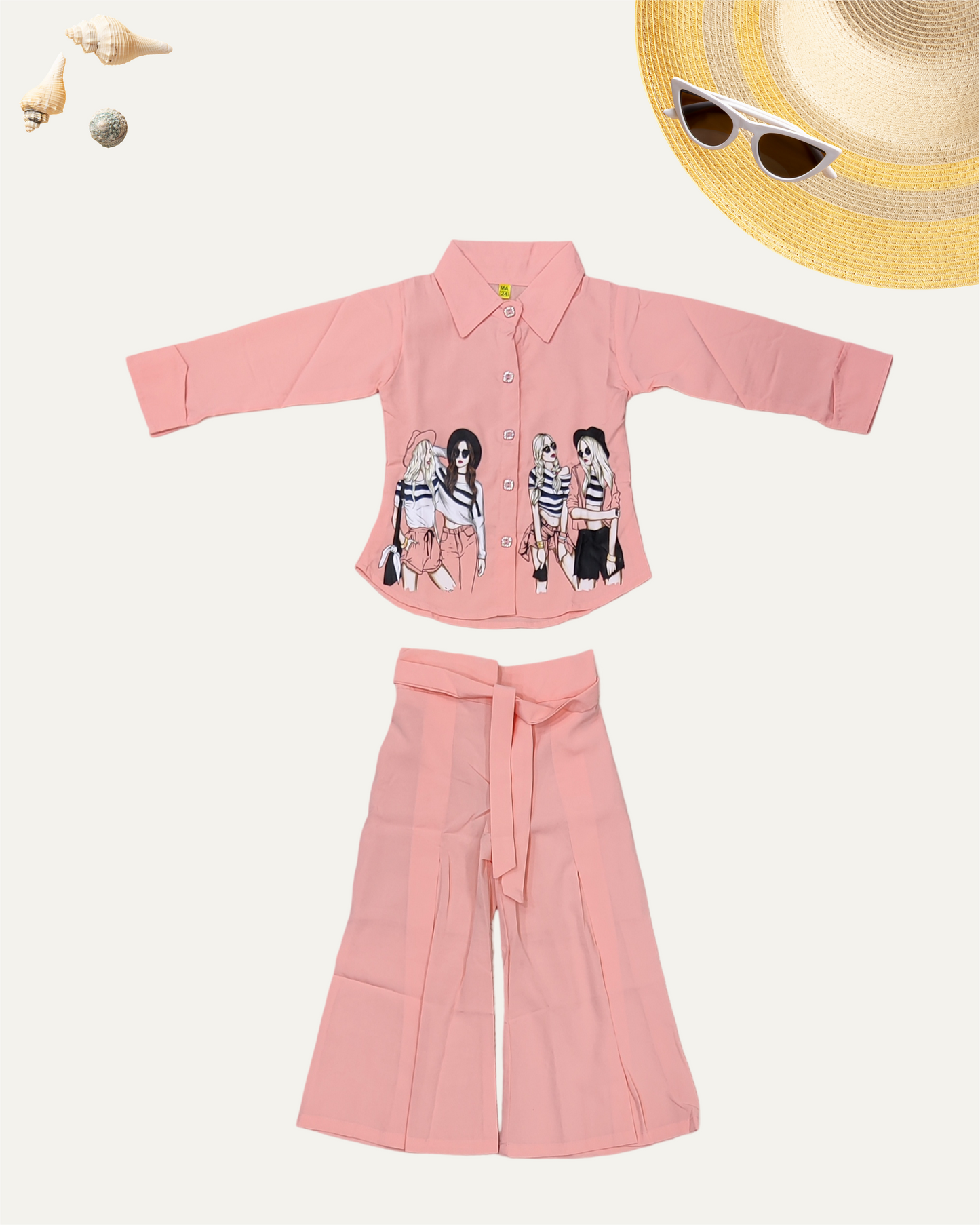 GIRLS 2PC PRINTED PANT CO-ORD SET (PEACH) (4-12 YEARS) - Girlism