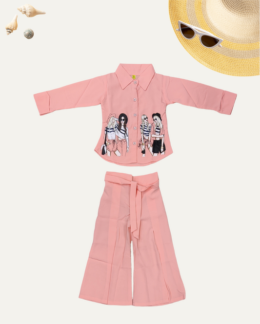 GIRLS 2PC PRINTED PANT CO-ORD SET (PEACH) (4-12 YEARS) - Girlism