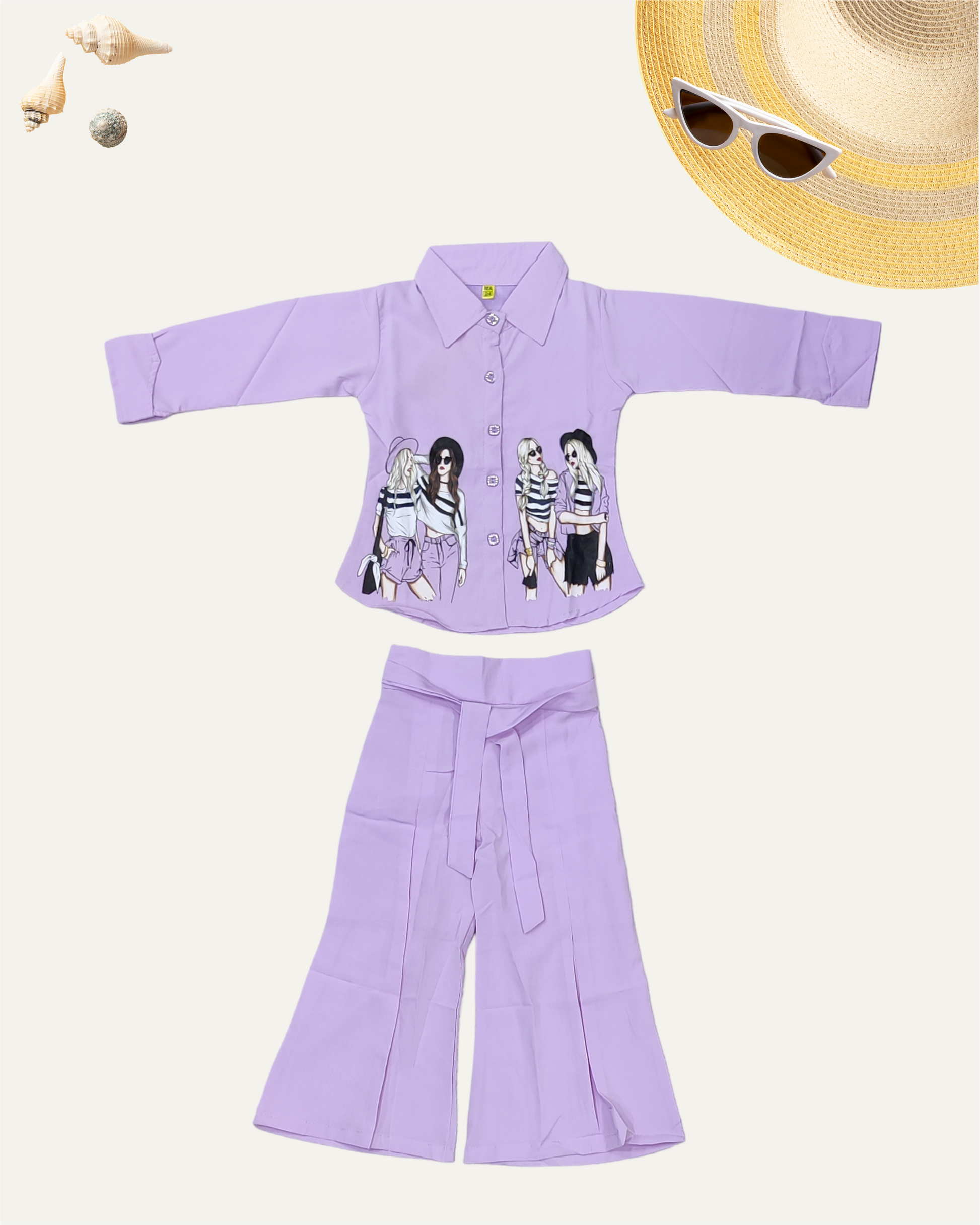 GIRLS 2PC PRINTED PANT CO-ORD SET (LILAC) (4-12 YEARS) - Girlism