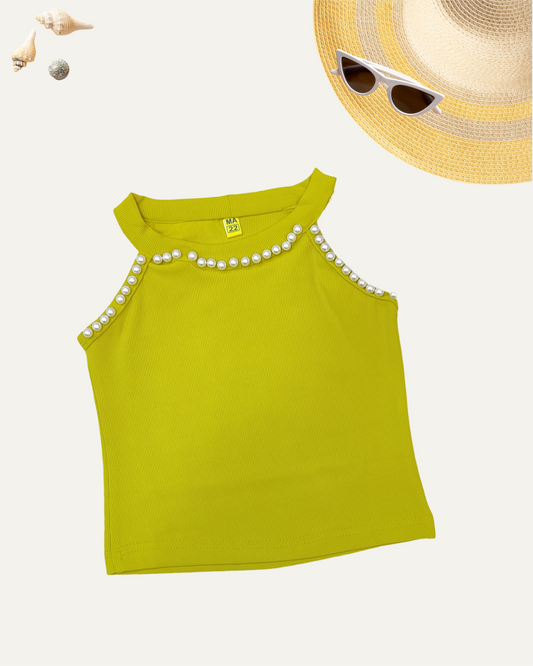 GIRLS SLEEVELESS PEARL TOP MUSTARD YELLOW [ 3 - 12 YEARS ]