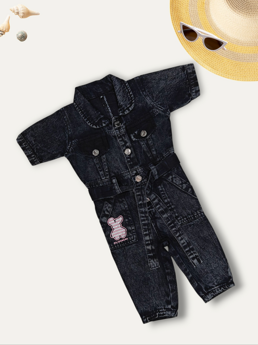 GIRLS BLACK WASHED DENIM JUMPSUIT (1-12 YEARS)