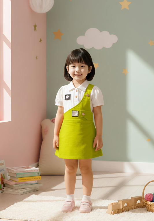 GIRLS ONE-SHOULDER PINAFORE STYLE DRESS (GREEN) (4-12 YEARS)