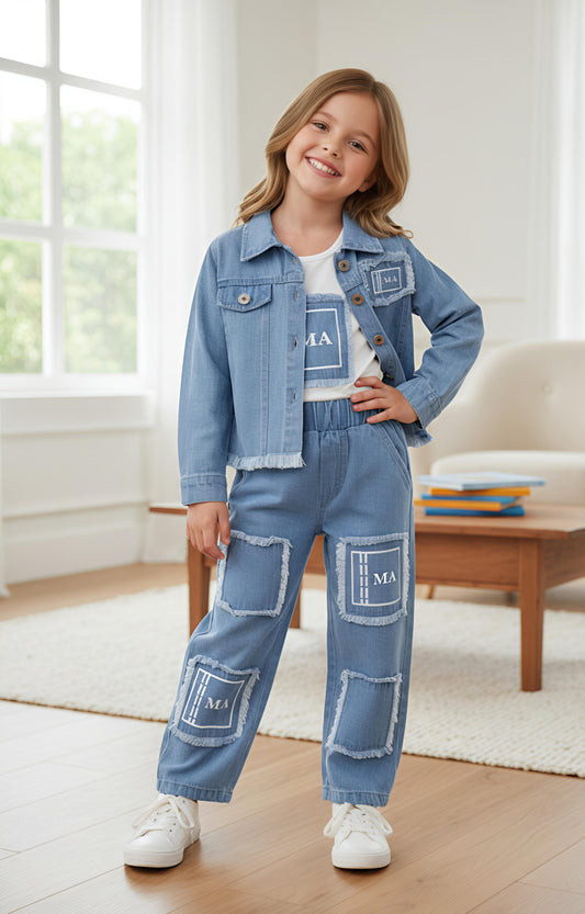 GIRLS 3PC JACKET DENIM CO-ORD SET (STONE WASH) (1-12 YEARS)