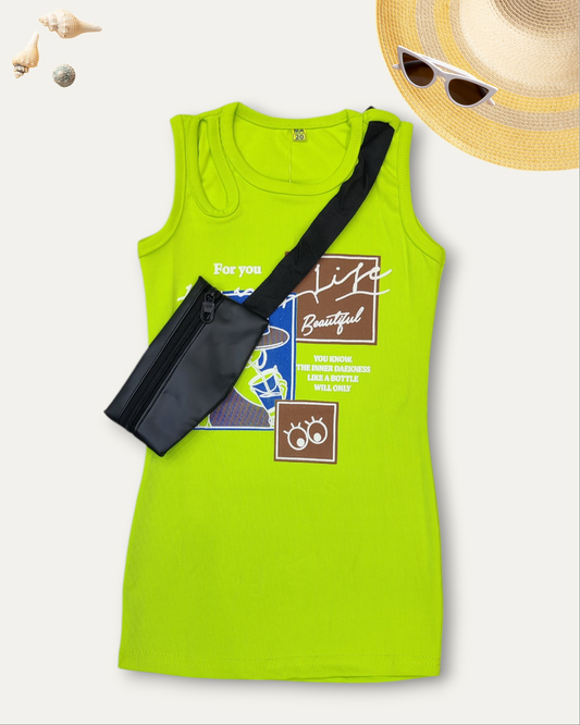 GIRLS SLEEVELESS DRESS WITH CROSSSBODY POUCH (NEON GREEN) (2-8 YEARS)