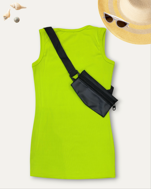 GIRLS SLEEVELESS DRESS WITH CROSSSBODY POUCH (NEON GREEN) (2-8 YEARS)
