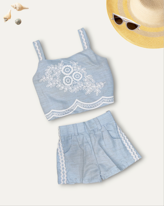 GIRLS COTTON CROP TOP AND SHORTS SET (SKY BLUE) (1-8 YEARS)