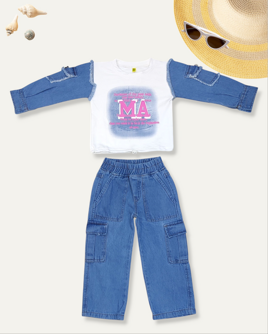 GIRLS "MA" DENIM CO-ORD SET (BLUE WASH) (4-12 YEARS)