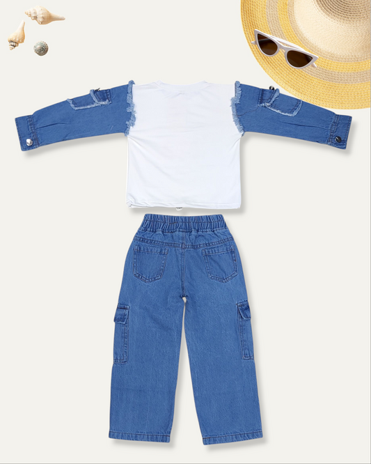 GIRLS "MA" DENIM CO-ORD SET (BLUE WASH) (4-12 YEARS)