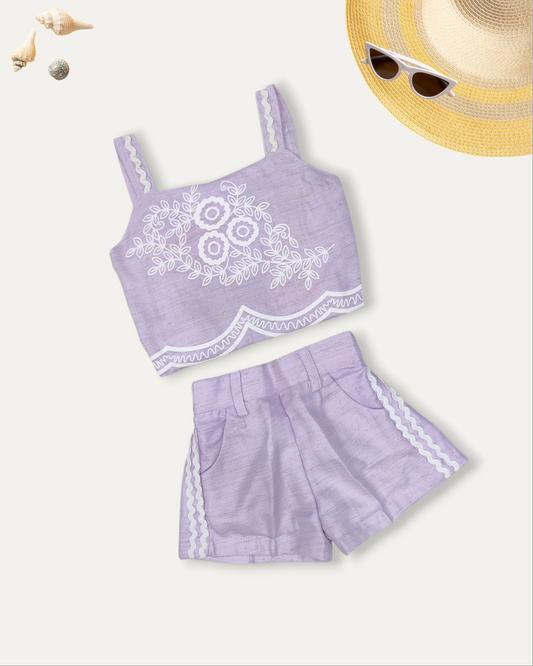 GIRLS COTTON CROP TOP AND SHORTS SET (LAVENDER) (1-8 YEARS)