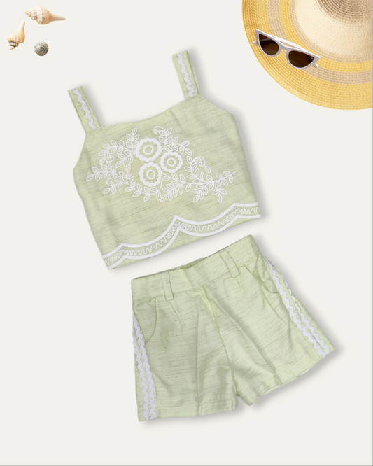 GIRLS COTTON CROP TOP AND SHORTS SET (PISTA GREEN) (1-8 YEARS)