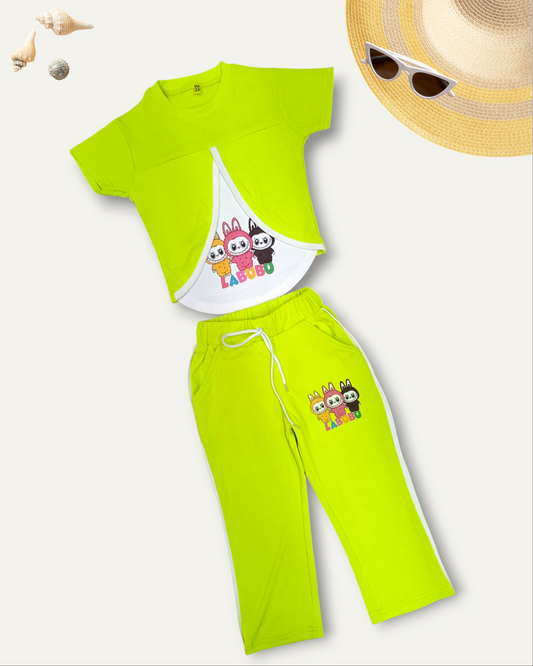 GIRLS BUNNY LABUBU CO-ORD SET (NEON GREEN) (4-12 YEARS)