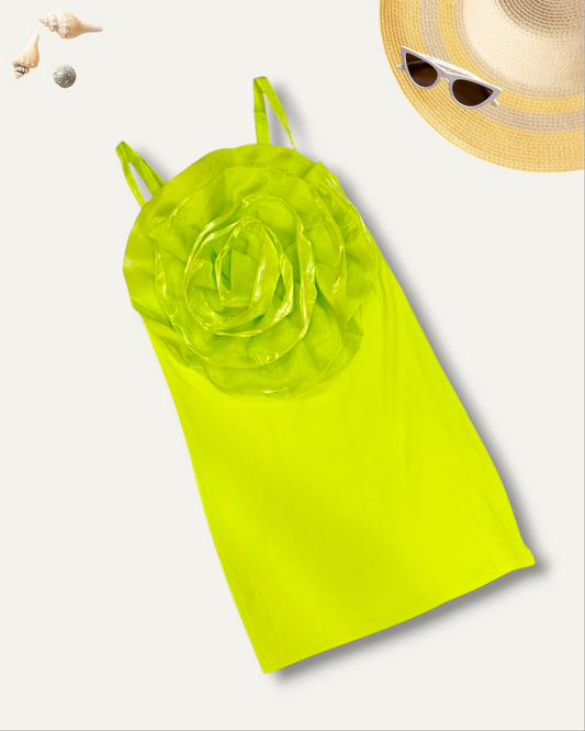 GIRLS 3D ROSE DRESS (NEON GREEN) (3-12 YEARS)