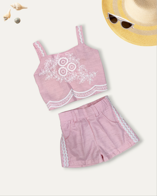 GIRLS COTTON CROP TOP AND SHORTS SET (BABY PINK) (1-8 YEARS)