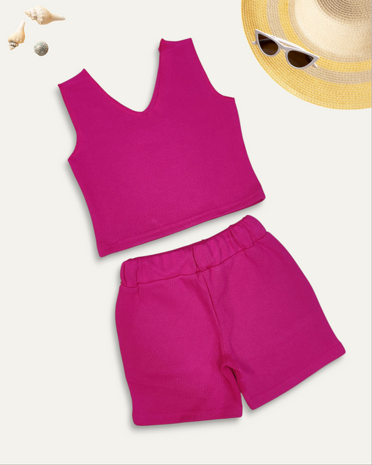 GIRLS RIBBED KNIT CO-ORD SET (4-12 YEARS) (HOT PINK)