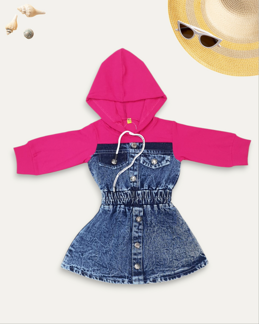 GIRLS HOODIE STYLE DENIM FROCK (HOT PINK) (1-6 YEARS)
